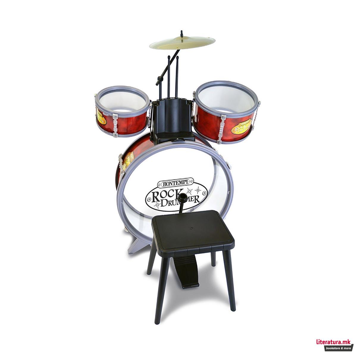 Сет тапани со столче и 2 стапчиња, Rock Drum Set, 4 елементи, црвени 