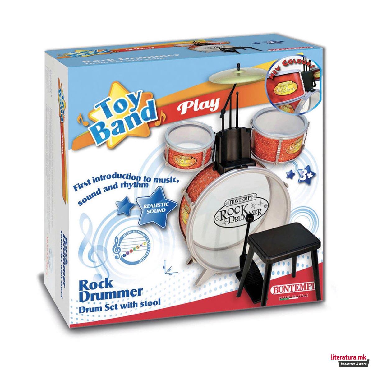 Сет тапани со столче и 2 стапчиња, Rock Drum Set, 4 елементи, црвени 