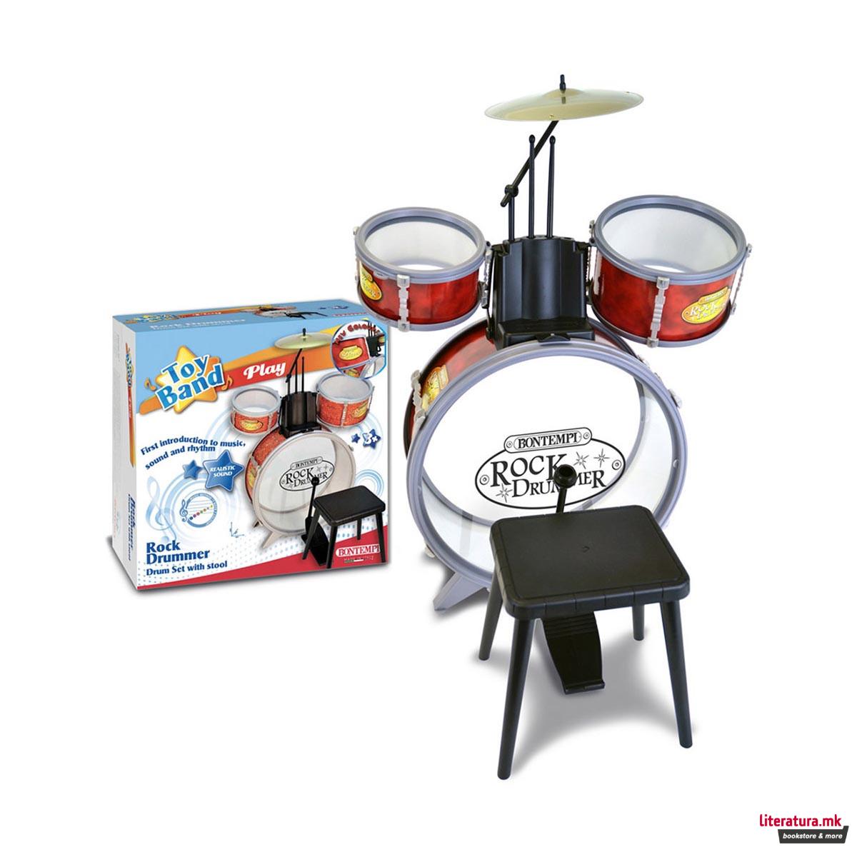 Сет тапани со столче и 2 стапчиња, Rock Drum Set, 4 елементи, црвени 