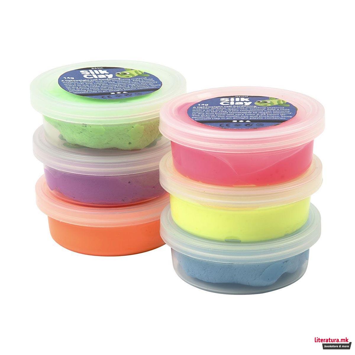 Сет глина за изработка - неонски бои, Silk Clay® neon colours, 6 бои x 14g 