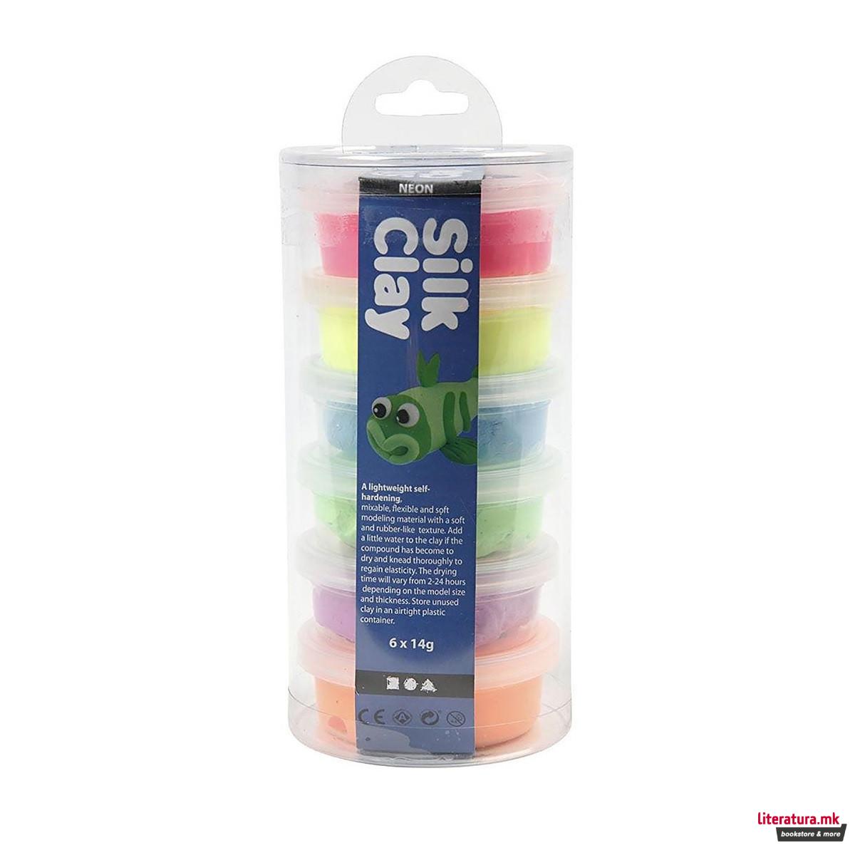 Сет глина за изработка - неонски бои, Silk Clay® neon colours, 6 бои x 14g 