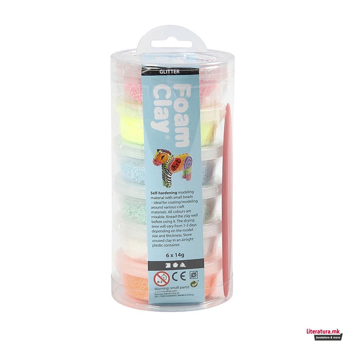 Сет глина за изработка - глитер, пастелни бои, Foam Clay® glitter, pastel colours, 6 бои x 14g 