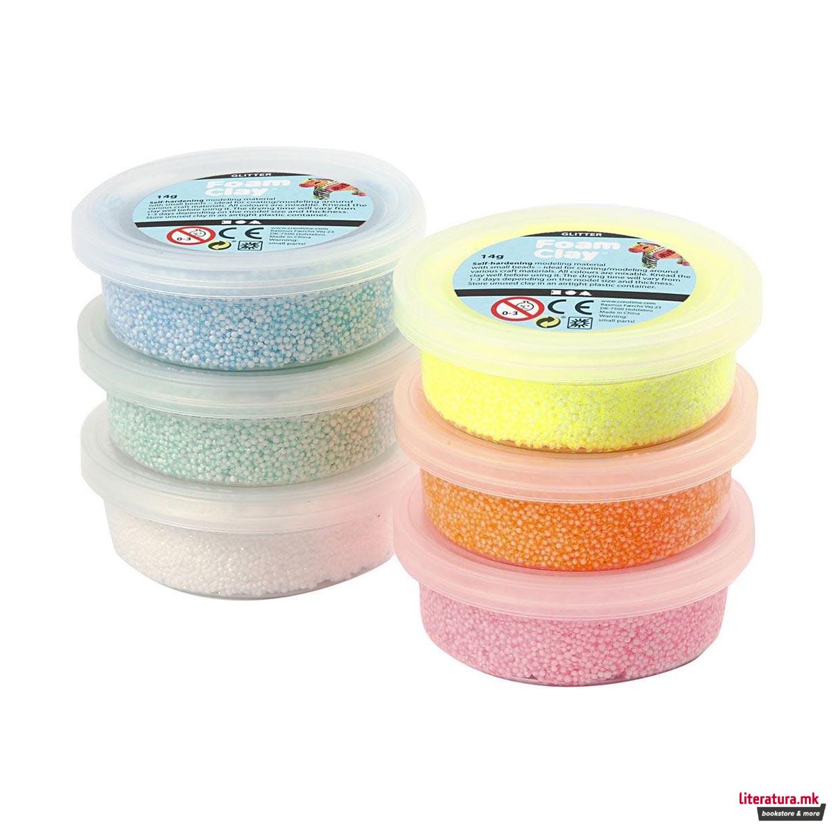 Сет глина за изработка - глитер, пастелни бои, Foam Clay® glitter, pastel colours, 6 бои x 14g 