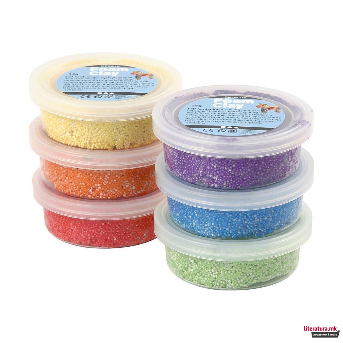 Сет глина за изработка - металик, Foam Clay® metallic, bold colours, 6 бои x 14g 